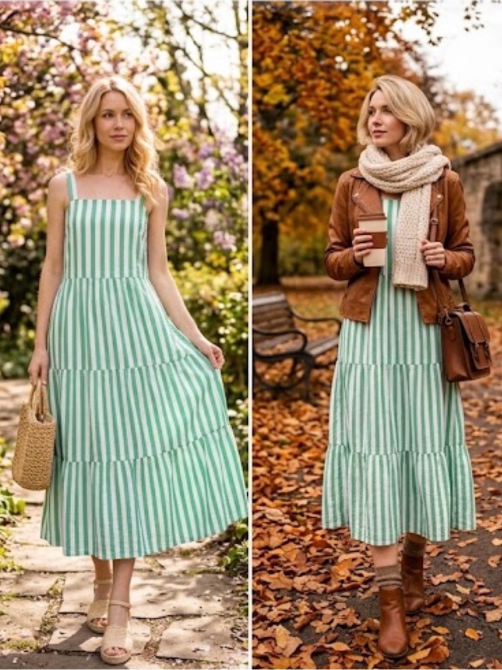 Striped Mint Green Sundress - Women's Sleeveless Tiered Maxi Dress